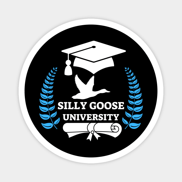 Silly Goose University - Flying Goose White Design With Blue Details Magnet by Double E Design